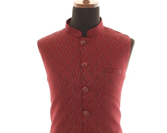 Regal Maroon Self Embellishment Nehru Jacket for Men: Timeless Elegance with a Modern Twist