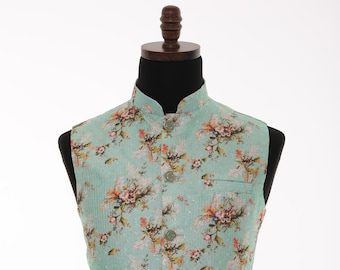 Men&#39;s Floral Print With Thread Work Nehru Jacket, Sleeveless Jacket, Indian Traditional Wear, Indian Party Wear, Wedding Wear, Nehru Jacket