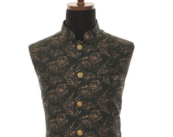 Men's  Green Floral Print Nehru Jacket, Sleeveless Jacket, Indian Traditional Wear, Indian Party Wear, Wedding Wear, Nehru Jacket