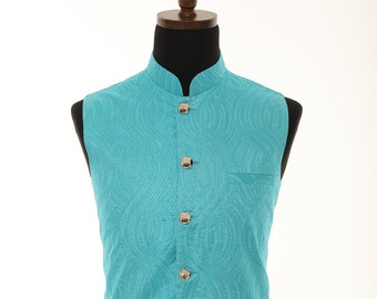 Men's Self embellished textured Thread Work Nehru Jacket, Sleeveless Jacket, Indian Party Wear, Wedding Wear, Nehru Jacket