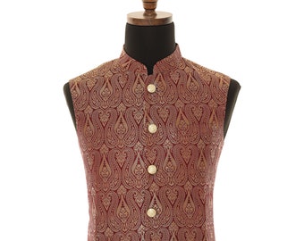 Brocade Maroon Nehru Jacket for Men - Luxurious Statement Piece for Formal Occasions, Elegant  Wear for Wedding, party, Roka, cocktails