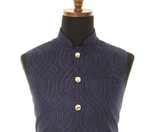 Men's Self embellished textured Thread Work Nehru Jacket, Sleeveless Jacket, Indian Party Wear, Wedding Wear, Nehru Jacket