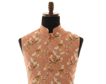 Men&#39;s Floral Print With Thread Work Nehru Jacket, Sleeveless Jacket, Indian Traditional Wear, Indian Party Wear, Wedding Wear, Nehru Jacket