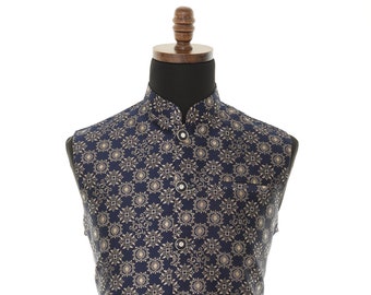 Men's Blue & Gold Nehru Jacket, Sleeveless Jacket, Indian Traditional Wear, Indian Party Wear, Wedding Wear, Nehru Jacket