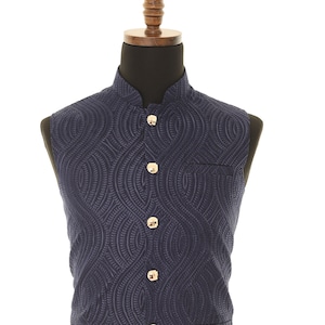 Men&#39;s Self embellished textured Thread Work Nehru Jacket, Sleeveless Jacket, Indian Party Wear, Wedding Wear, Nehru Jacket