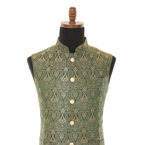 Brocade Green Nehru Jacket for Men - Luxurious Statement Piece for Formal Occasions, Elegant Formal Wear for Wedding, party, Roka, cocktails