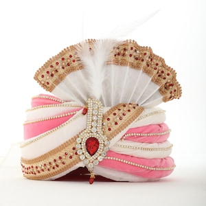 Exquisite White/Pink  Men Indian Turban For Wedding Jacquard Pagadi, Match with every shade sherwani