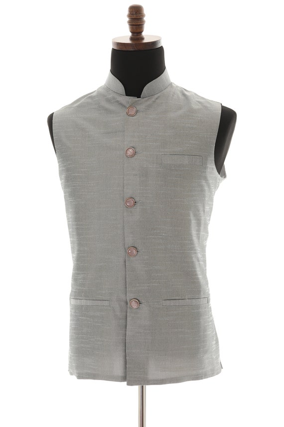 Men s Steel Gray Nehru Jacket Sleeveless Jacket Indian Party