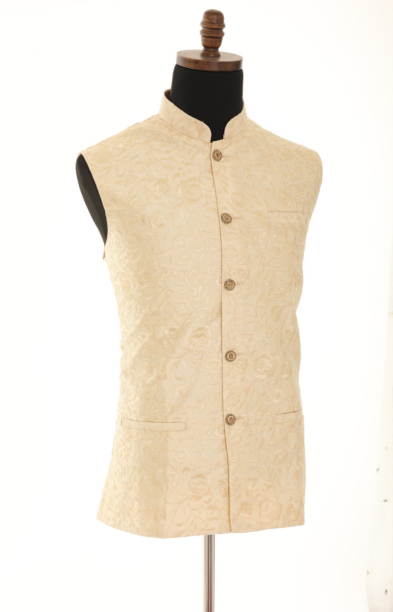 Men's Ivory With Thread Work Nehru Jacket, Sleeveless Jacket, Indian Traditional Wear, Indian Party Wear, Wedding Wear, Nehru Jacket image 2