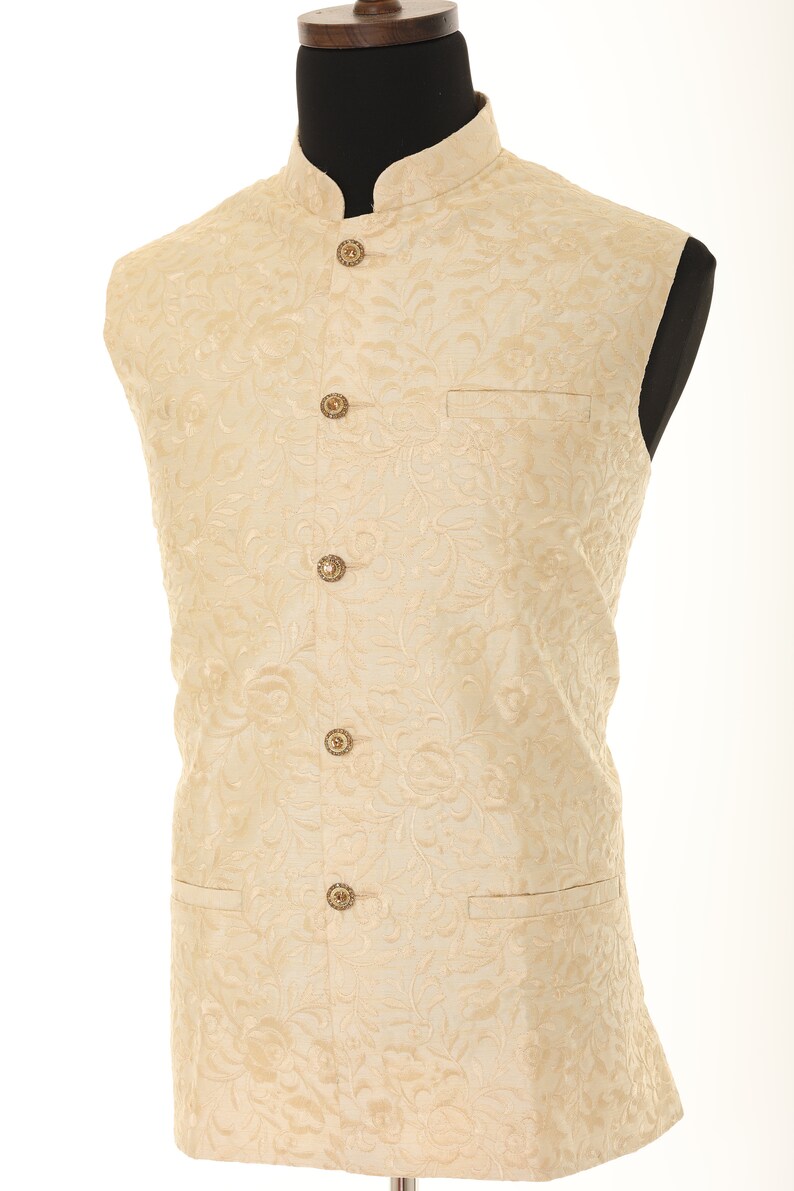 Men's Ivory With Thread Work Nehru Jacket, Sleeveless Jacket, Indian Traditional Wear, Indian Party Wear, Wedding Wear, Nehru Jacket image 4
