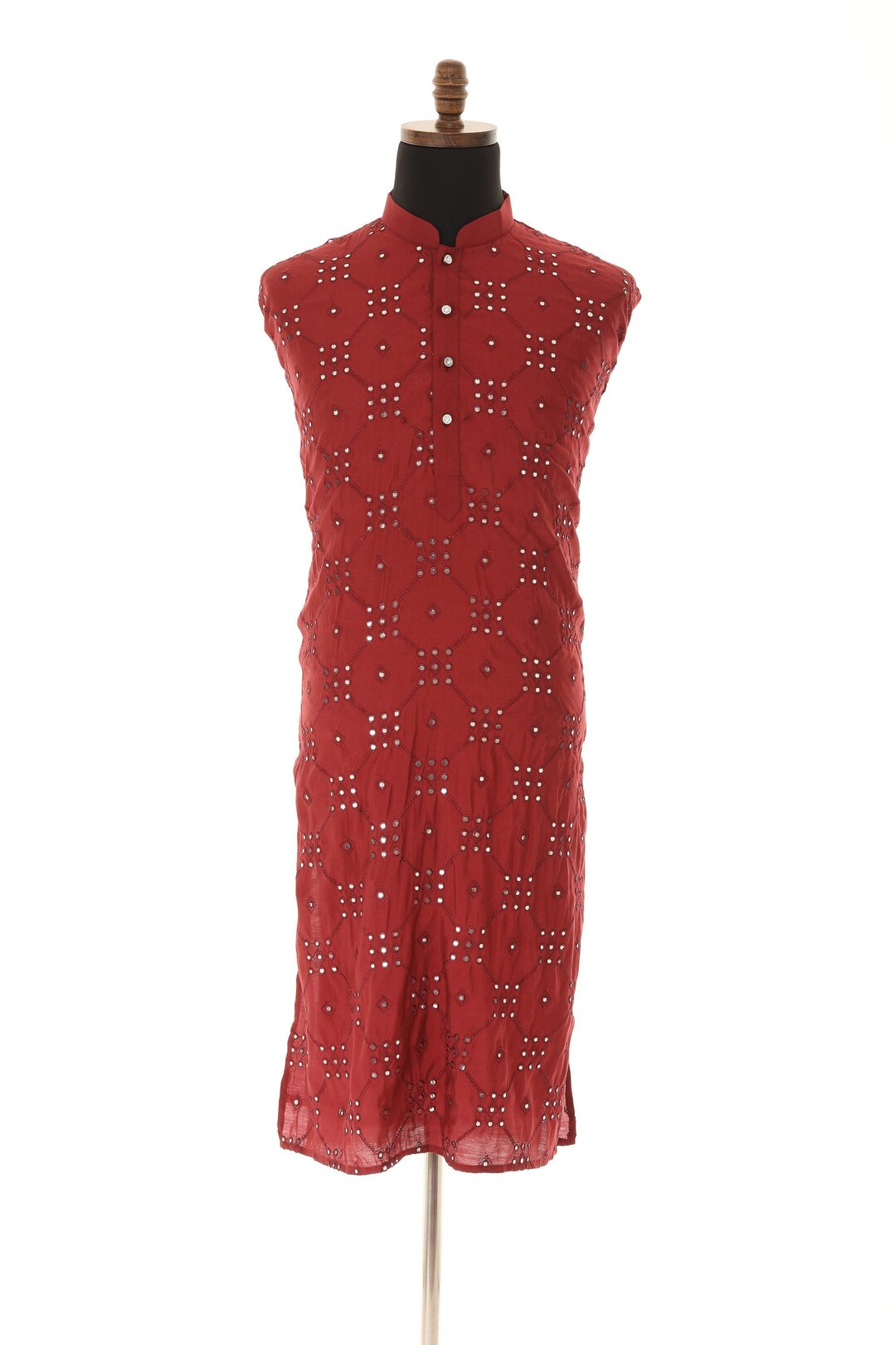 Men'S Maroon Cotton Silk Mirror Work Kurta Pyjama
