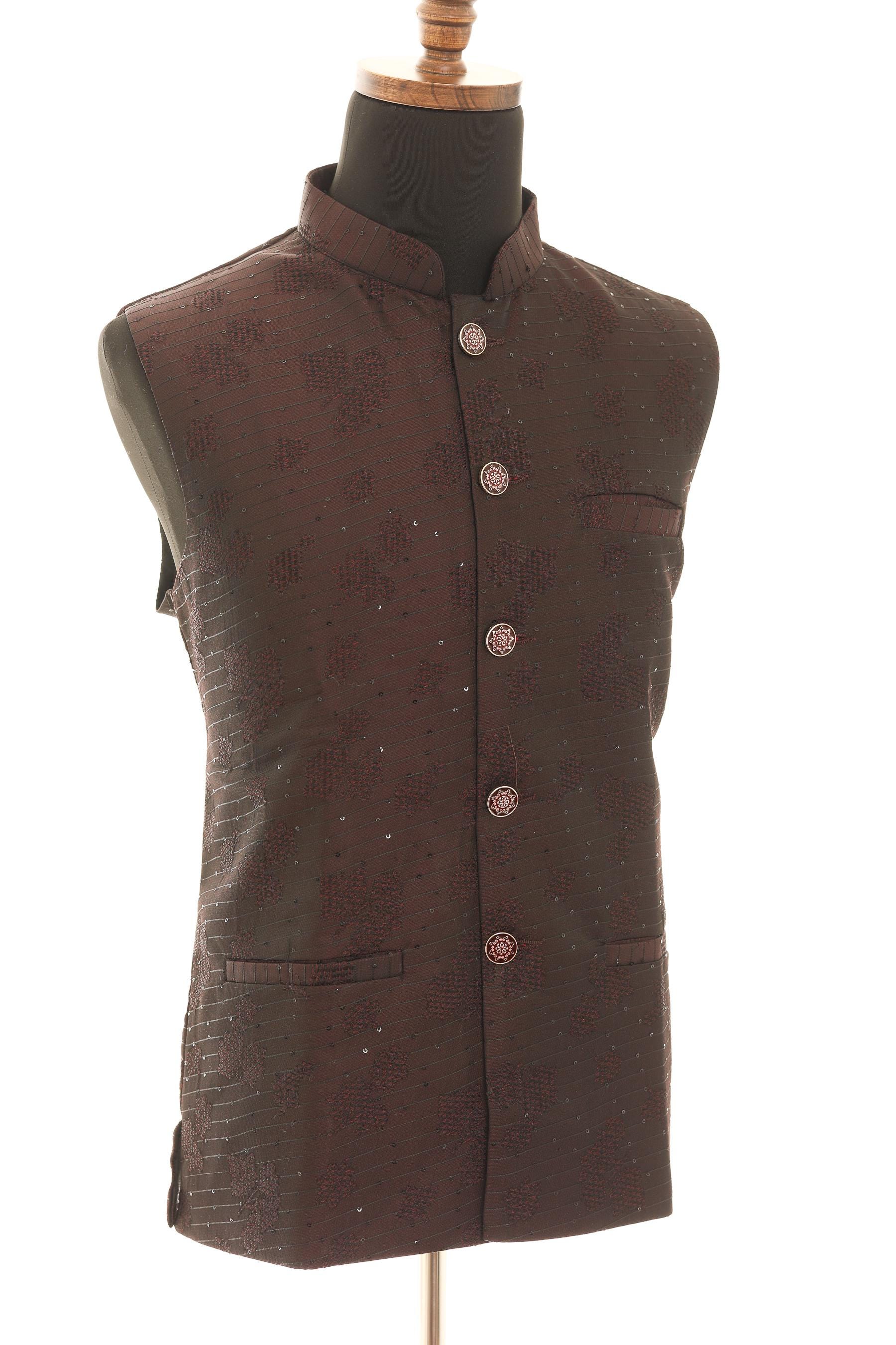 Men's Maroon Woven-Design Slim-Fit Nehru Jacket