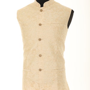 Men's Ivory With Thread Work Nehru Jacket, Sleeveless Jacket, Indian Traditional Wear, Indian Party Wear, Wedding Wear, Nehru Jacket image 3