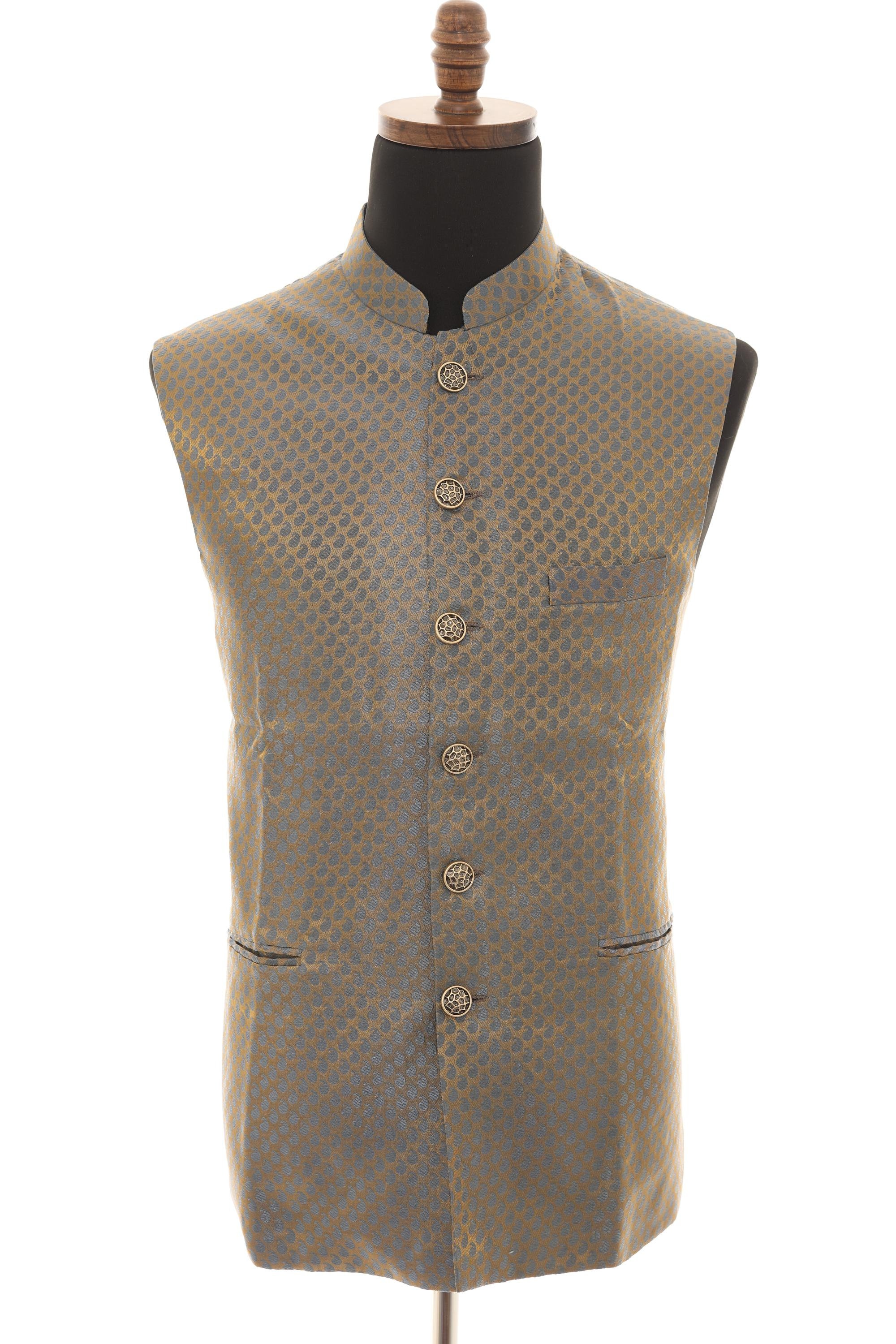 Men’s Grey/Gold Brocade Nehru Jacket—Perfect for Weddings, Roka Ceremonies & Formal Events