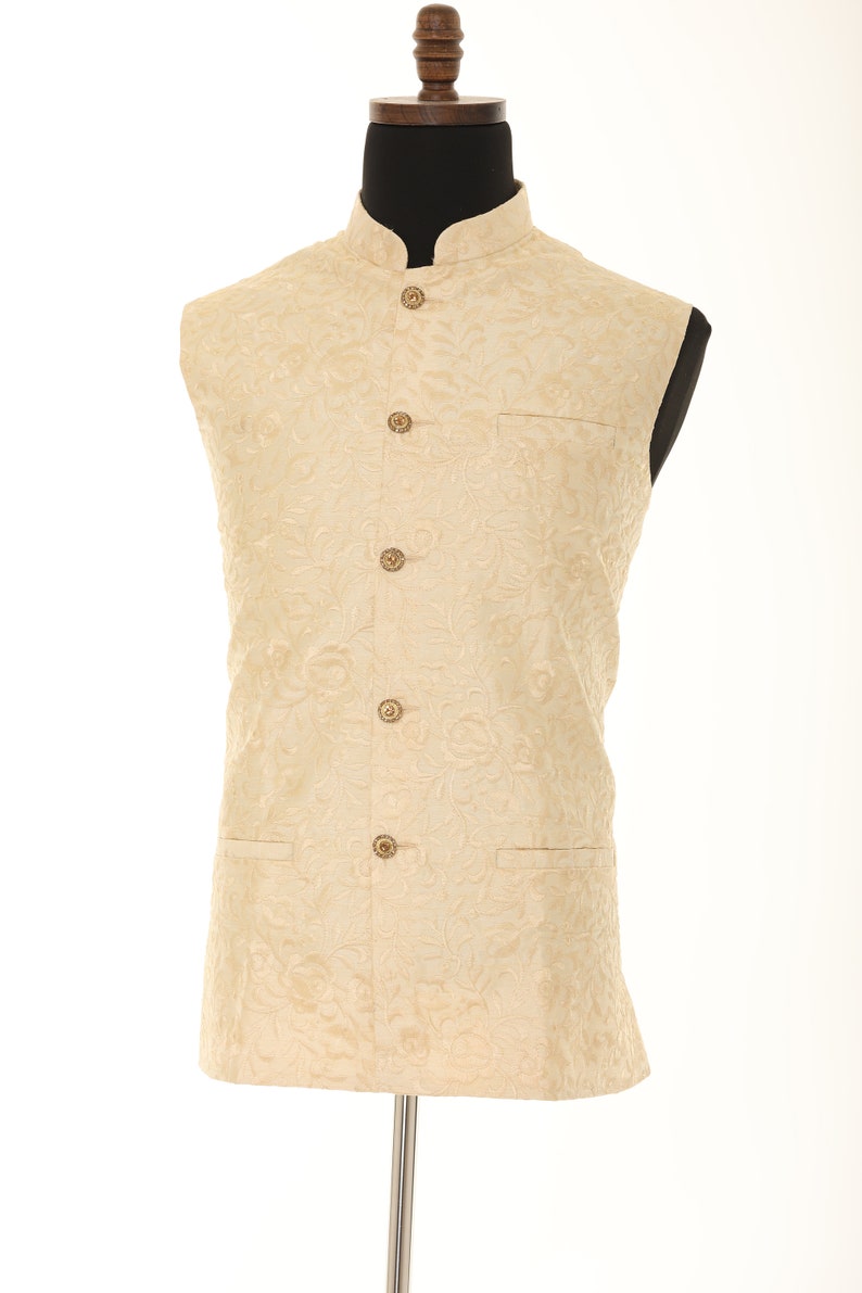Men's Ivory With Thread Work Nehru Jacket, Sleeveless Jacket, Indian Traditional Wear, Indian Party Wear, Wedding Wear, Nehru Jacket image 6