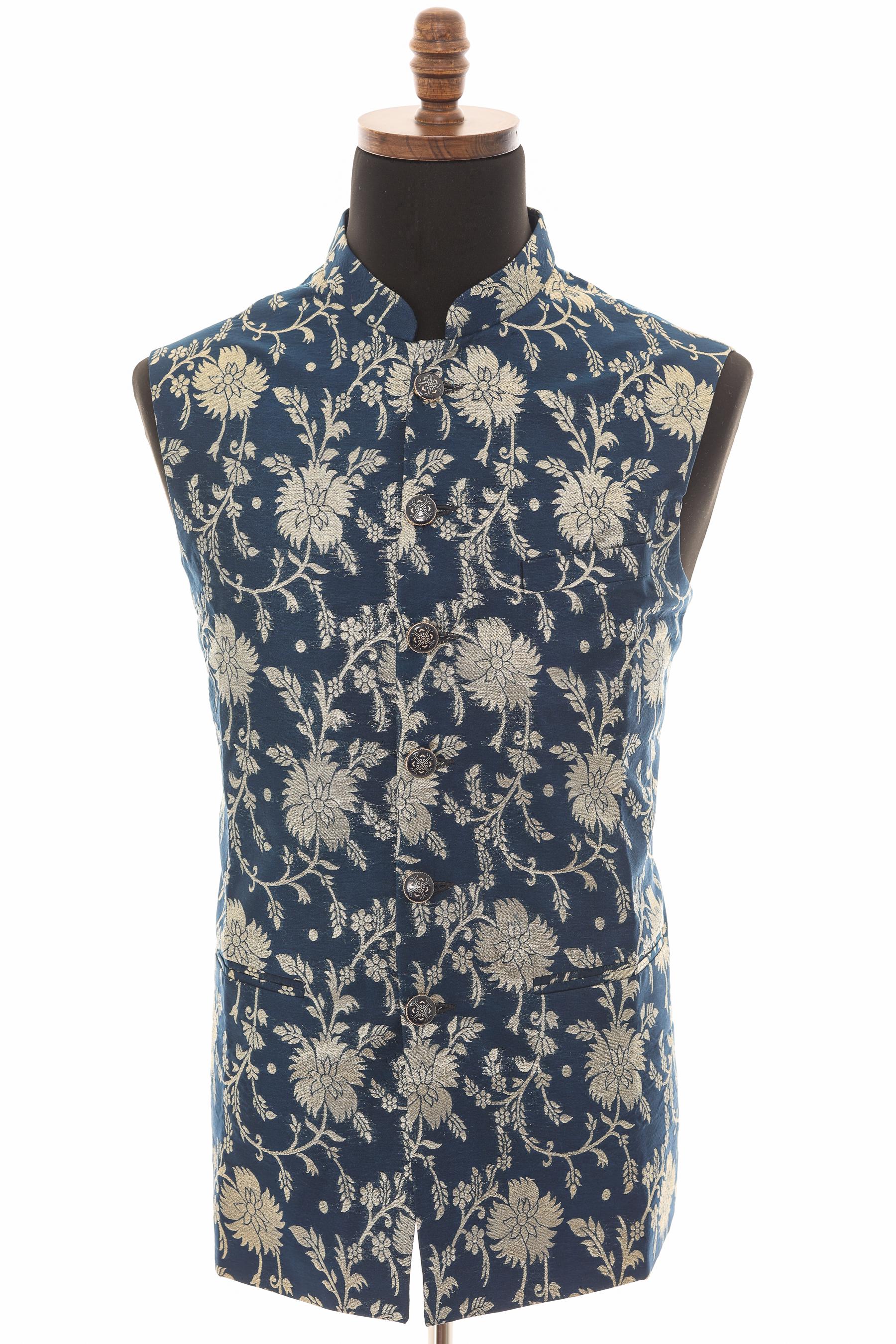 Men's Navy Nehru Vest Banarasi Floral Gold Foil Waistcoat Premium Ethnic Wedding Jacket