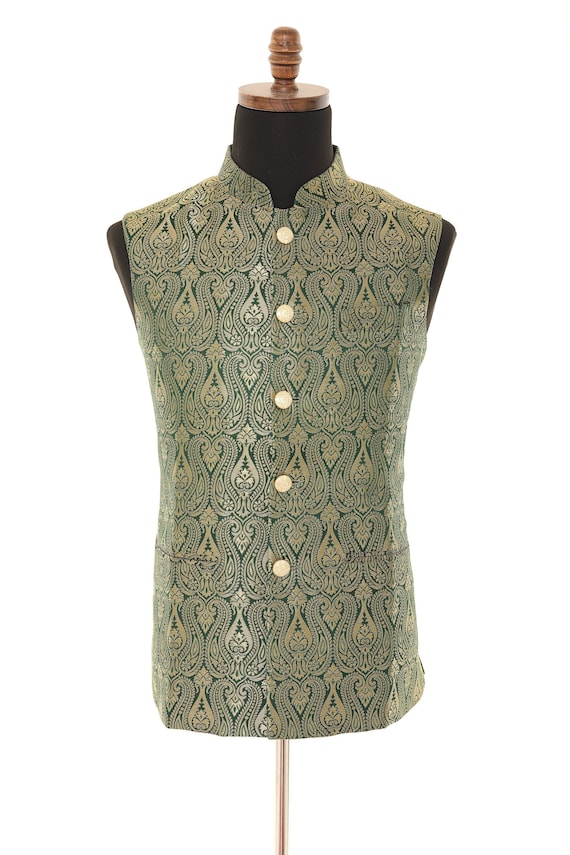 Brocade Green Nehru Jacket for Men - Luxurious Statement Piece for Formal Occasions, Elegant Formal Wear for Wedding, party, Roka, cocktails