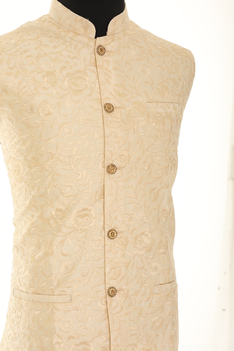 Men's Ivory With Thread Work Nehru Jacket, Sleeveless Jacket, Indian Traditional Wear, Indian Party Wear, Wedding Wear, Nehru Jacket image 5