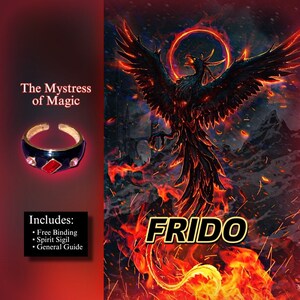 以下が含まれることがあります： 赤い宝石と「The Mystress of Magic」という文字が書かれた黒と赤の指輪。指輪は、炎から昇る黒と赤の鳳凰が描かれた赤い背景の上に置かれている。「FRIDO」という文字は、黒い背景に黄色の文字で書かれている。