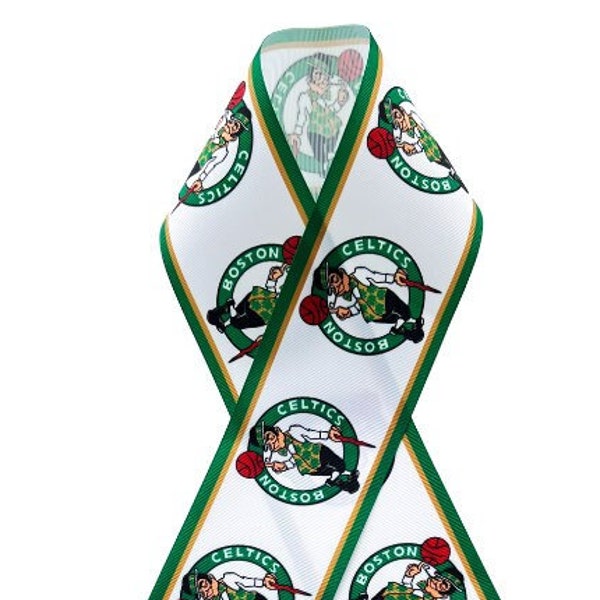 Celtics Basketball on Grosgrain Ribbon, White Background 1 Yard Length on Grosgrain Ribbon, Choose Width, Choose Length, Combine Shipping