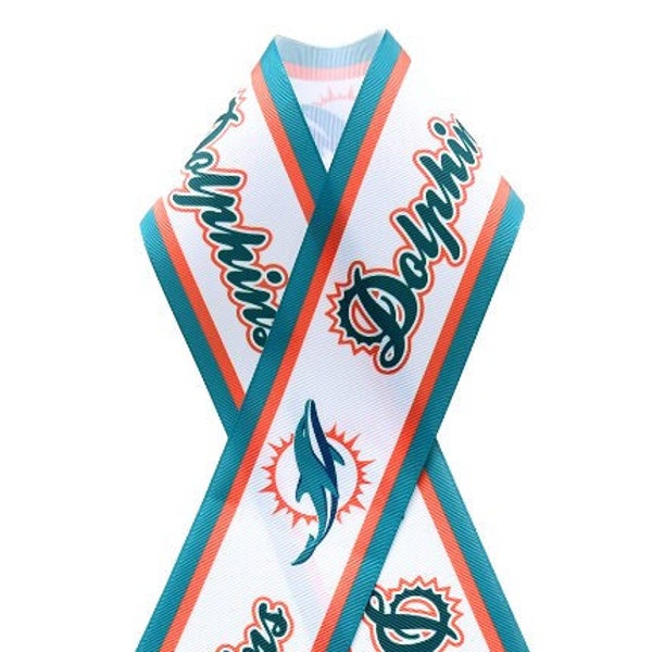 Miami Dolphin White Background High Quality Grosgrain Ribbon, Choose Preferred Ribbon Width, Choose How Many Yards, Ready to Ship