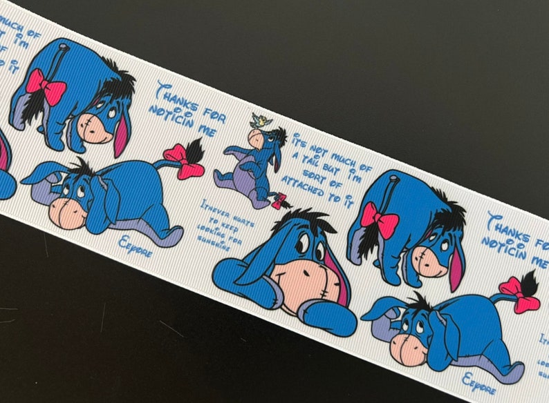 Eeyore on White Background on 1 Yard Length on Grosgrain Ribbon, Choose Width, Choose Length, Combine Shipping, Use Coupons, NOT PRE-CUT image 1