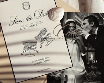 Old Money Save The Date Template: Champagne Bow, Photo Option (Digital File)