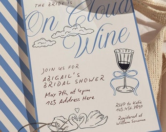 On Cloud Wine Bridal Shower Template, On Cloud 9 Hand Drawn Bridal Shower Invite Template, On Cloud 9 Hen Invite, On Cloud Wine Hand Written