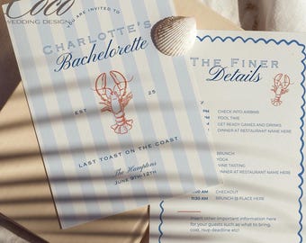 Lobster Bachelorette Itinerary Invitation Template: Coastal Chic Stripes (Digital File)