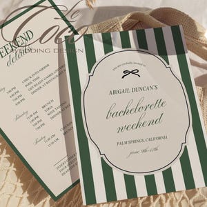 Old Money Aesthetic Green Bachelorette Itinerary Invitation Template, Stripe Green Girl Bach Itinerary, Elegant Classic Invite,Hen Itinerary