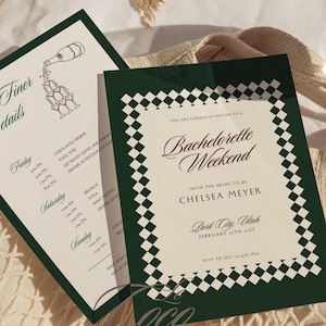Old Money Aesthetic Green Bachelorette Itinerary Invitation Template, Trendy It Girl Bach Itinerary, Elegant Classic Invite, Hen Itinerary