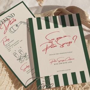 Old Money Aesthetic Green Stripe Bachelorette Itinerary Invitation Template, Destination Palm Springs Bach Itinerary, Vintage Hen Itinerary