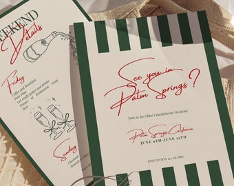 Palm Springs Bachelorette Itinerary Invitation, Green Stripe Template (Digital)