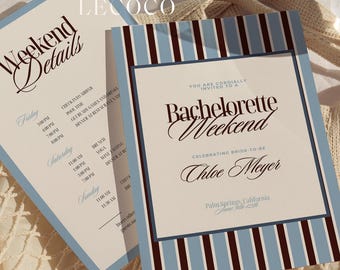 Blue Brown Stripe Bachelorette Itinerary Invitation Template (Digital)