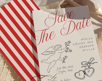 Hand Drawn Old Money Italian Save The Date, Hand Drawn Save The Date Template, Trendy Vintage Save The Date, Photo Save The Date Card