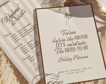 Plantilla de invitación para despedida de soltera en Tulum: Diseño tropical moderno (descarga digital)