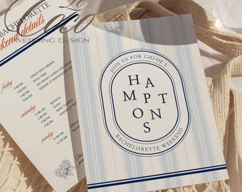 Hamptons Bachelorette Itinerary Invitation Template: Coastal Stripe Design (Digital Download 5x7" Canva Template)