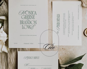 Green Vintage Wedding Invitation Suite Template (Digital Download)