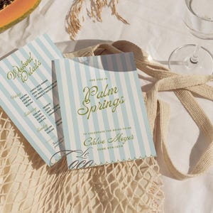 Modèle d'invitation itinéraire EVJF à rayures vertes esthétiques vieil argent, itinéraire Bach tendance it girl, Bach vintage, itinéraire poule