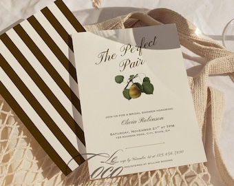 Fall Bridal Shower Invitation: Pear Design, Brown Stripe (Digital Download)