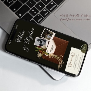 May include: A smartphone displays a wedding invitation design with the names "Chloe & Dylan." The design includes photos, an envelope, flowers, and the text "Save the Date." The phone rests on a laptop.