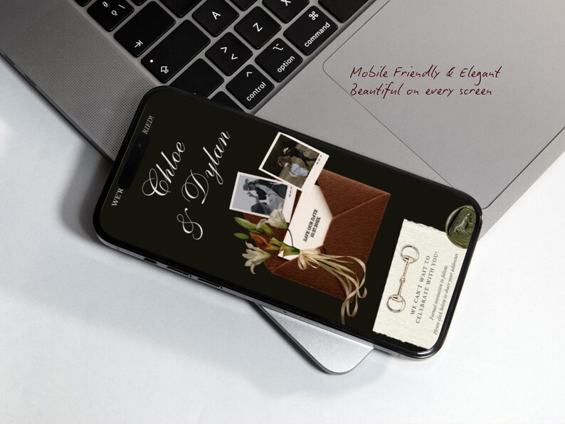 May include: A smartphone displays a wedding invitation design with the names "Chloe & Dylan." The design includes photos, an envelope, flowers, and the text "Save the Date." The phone rests on a laptop.