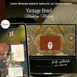 Könnte beinhalten: Eine Canva-Hochzeitswebsite-Vorlage mit dem Titel Vintage Hotel Wedding Website, angezeigt auf einem Smartphone und einem Laptop-Bildschirm. Das Design zeigt florale Muster, einen braunen Umschlag mit Palmensiegel und den Text Olivia & Ralph.