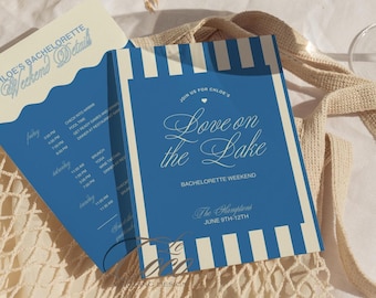Lake Bachelorette Invitation: Blue Stripe Boat Theme (Editable Digital Template 5x7" Canva)