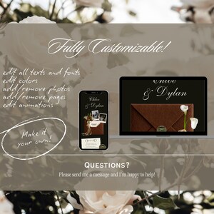 May include: A digital wedding invitation design displayed on a laptop and smartphone. The design features a brown envelope with the names "Chloe & Dylan" and "wive & Dylan" in elegant script. Text on the image states "Fully Customizable!" and "Make it your own!"
