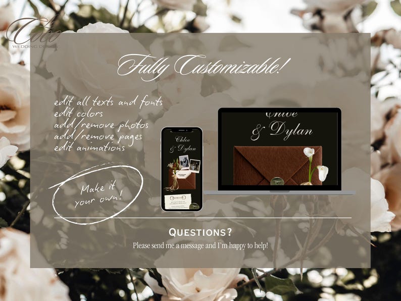 May include: A digital wedding invitation design displayed on a laptop and smartphone. The design features a brown envelope with the names "Chloe & Dylan" and "wive & Dylan" in elegant script. Text on the image states "Fully Customizable!" and "Make it your own!"