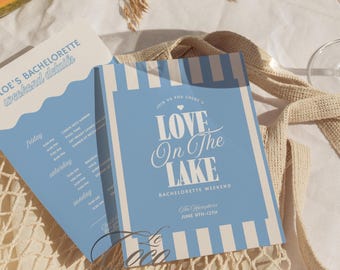 Lake Bachelorette Invitation: Blue Stripe Camp Theme (Editable Digital Template 5x7" Canva)