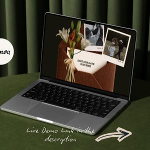 May include: A laptop displays a wedding invitation design with a brown envelope, flowers, and two photos. The text "Save Our Date" is visible. The Canva logo is in the upper left corner. The text "Live Demo Link in the description" is at the bottom.