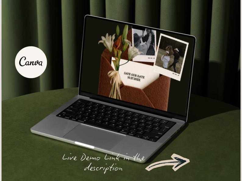 May include: A laptop displays a wedding invitation design with a brown envelope, flowers, and two photos. The text "Save Our Date" is visible. The Canva logo is in the upper left corner. The text "Live Demo Link in the description" is at the bottom.