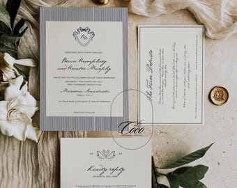 French Classic Invitation Suite Template, Modern Vintage Wedding Invitation, Illustrated Wedding Invitation, Old Money Stripe Wedding Invite